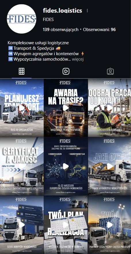 Profil FIDES Logistics na Instagramie prowadzony przez PAJAKWEB